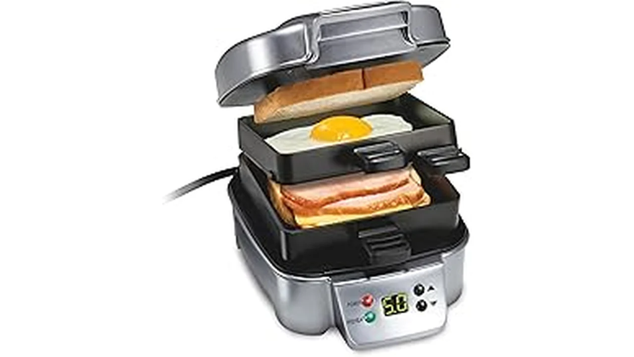 The image shows a stylish, modern sandwich maker, ideal for making quick breakfast meals.