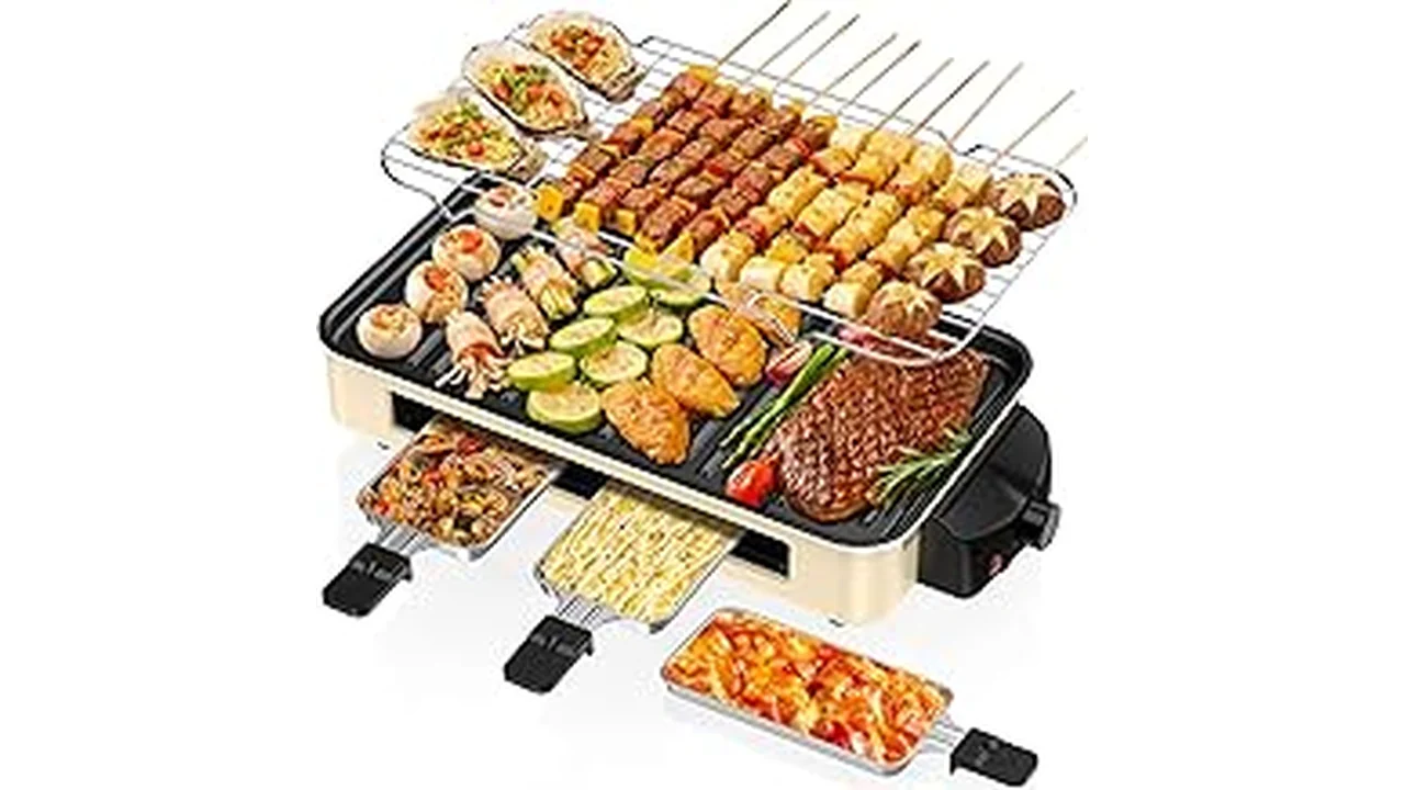 The image shows a versatile contact grill perfect for multi-purpose cooking, featuring popular models.