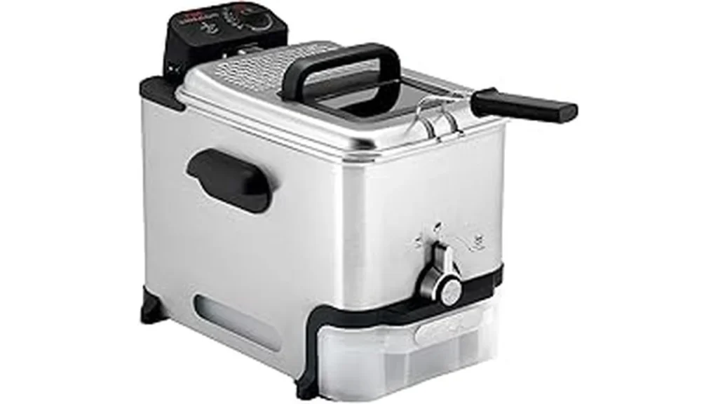 This image shows a shiny, modern deep fryer with crispy fried chicken pieces inside.