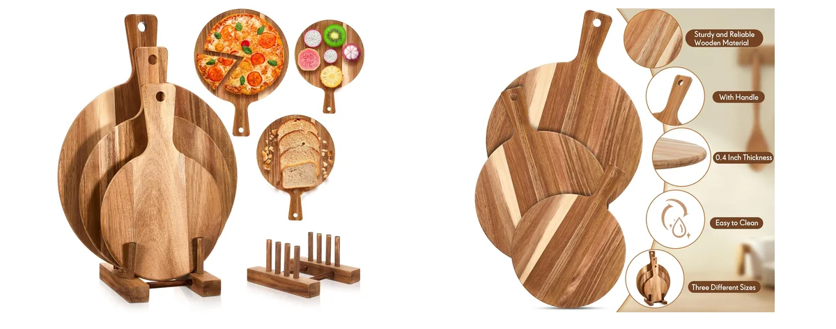Hushee 3 Pcs Pizza Cutting Board Acacia images